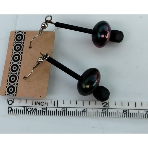 Iridescent Black Dangle Earrings Silver Hooks - Picture 2 of 4